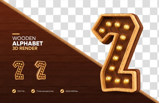Alfabeto in legno numero 2 rendering 3d con lampade realistiche
