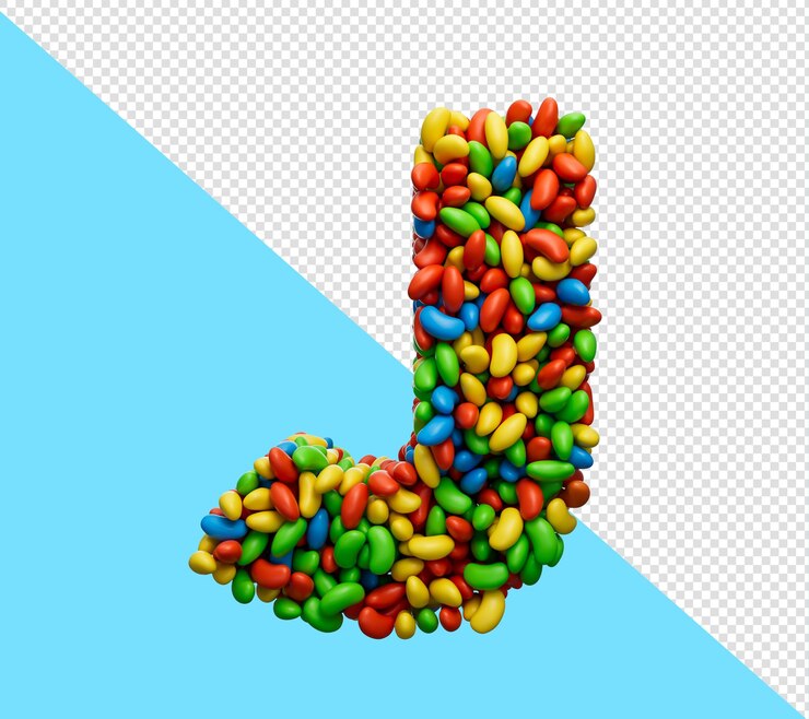 PSD alfabeto j gomitas de colores letra j arco iris caramelos de colores gominolas ilustración 3d