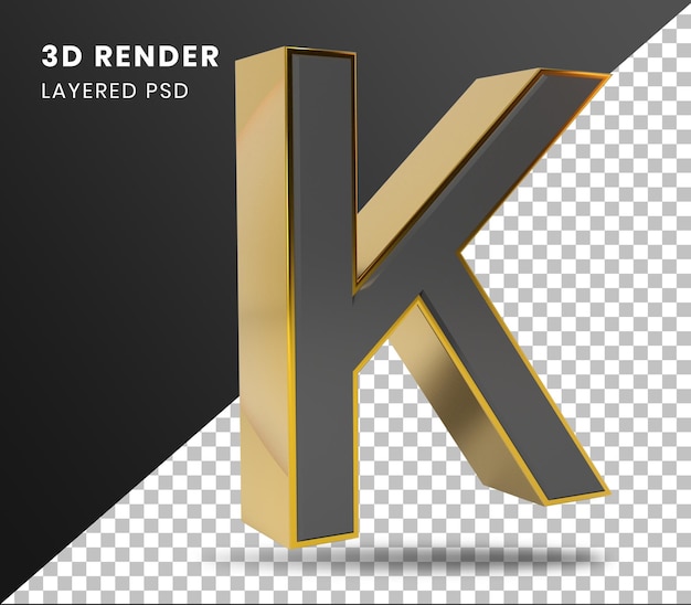 PSD alfabeto k do ouro da rendição 3d isolado