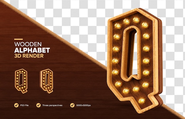 Alfabeto de madera letra q 3d render con lámparas realistas