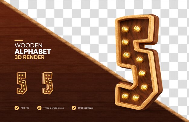 Alfabeto de madera número 5 3d render con lámparas realistas