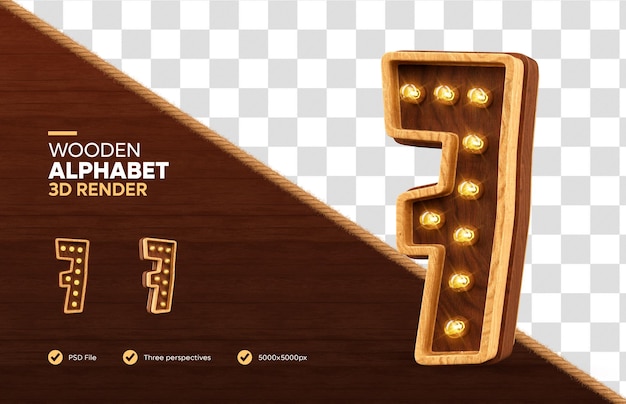 Alfabeto de madera número 7 3d render con lámparas realistas