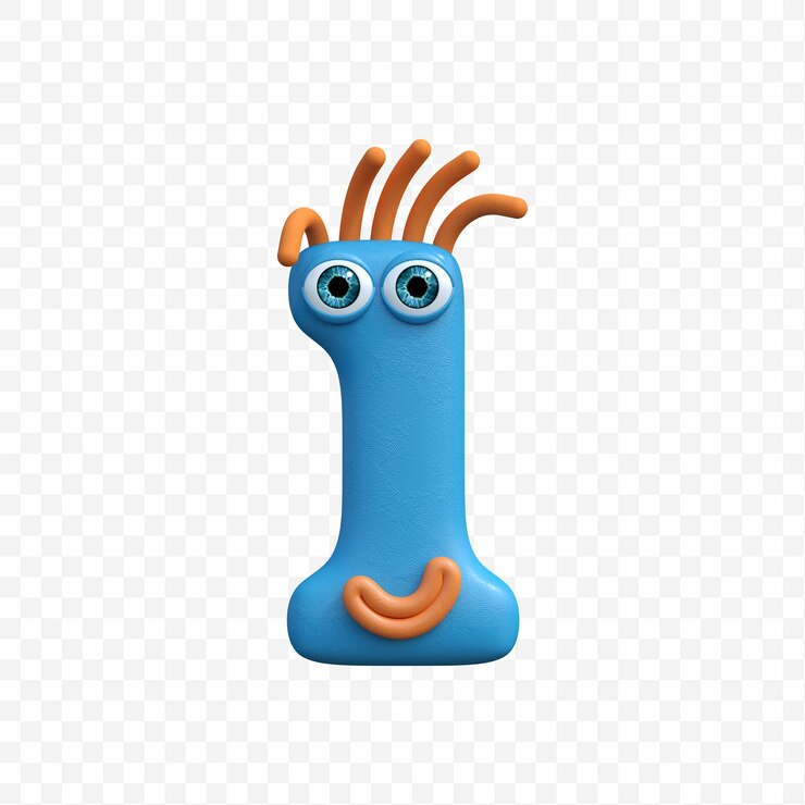 PSD alfabeto número 1 de divertido personaje de dibujos animados sonriente sobre fondo aislado