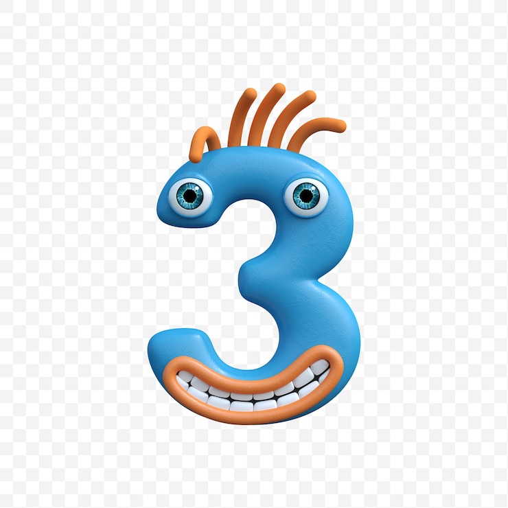 PSD alfabeto número 3 feito de um personagem de desenho animado sorridente em um fundo isolado
