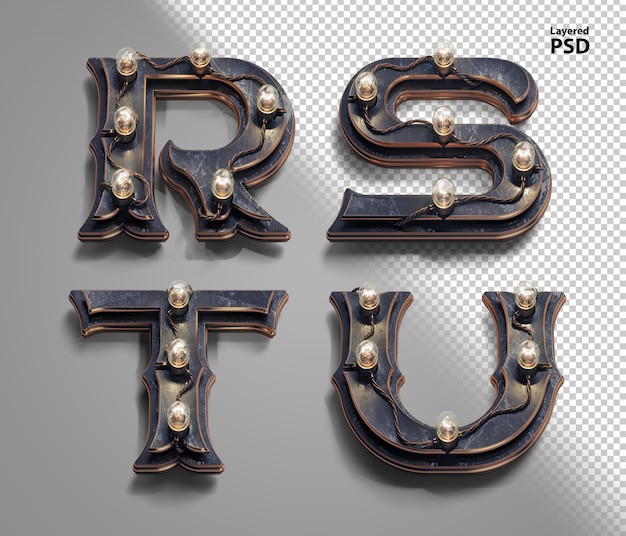 Alfabeto steampunk 3d con lampade a tubo, lettera R, S, T, U
