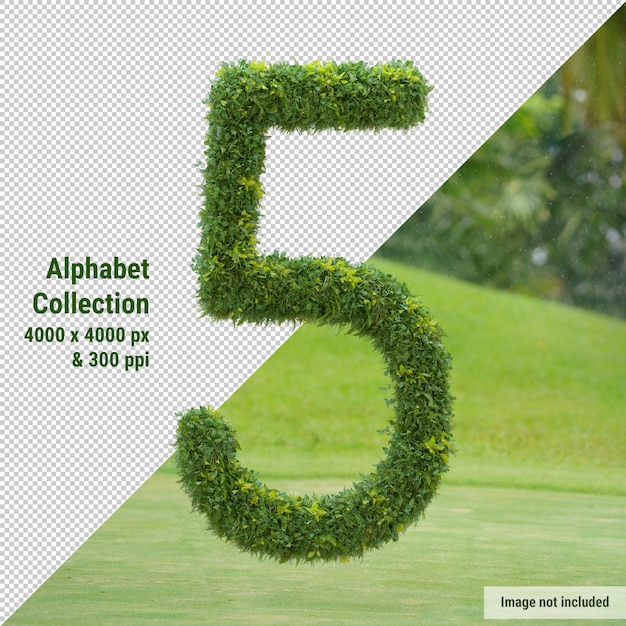 Alfabeto vertical de árbol de jardín y hojas verdes, letra 5