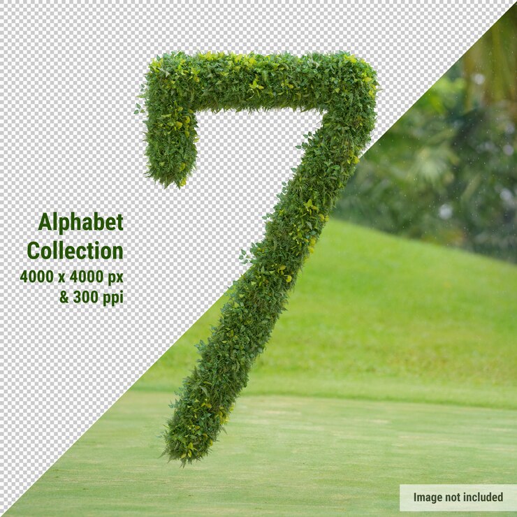 PSD alfabeto vertical de árbol de jardín y hojas verdes, letra 7