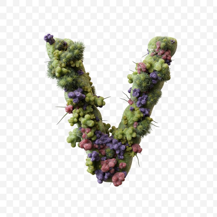PSD alfabeto de virus de la gripe o covid microbio verde letra v diseño aislado