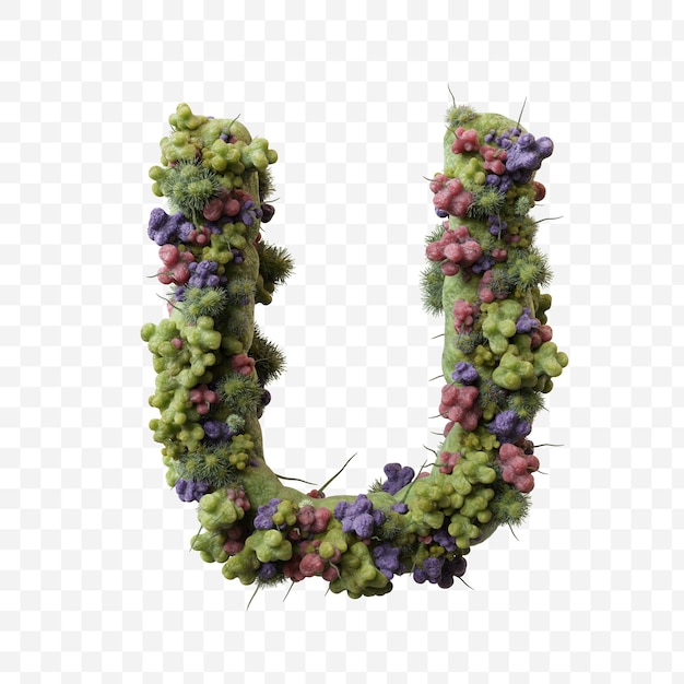 PSD alfabeto de virus de la gripe o covid verde microbio letra u diseño aislado