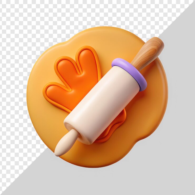 PSD un alfiler colorido en una masa suave de naranja con huella de mano para la diversión de hornear