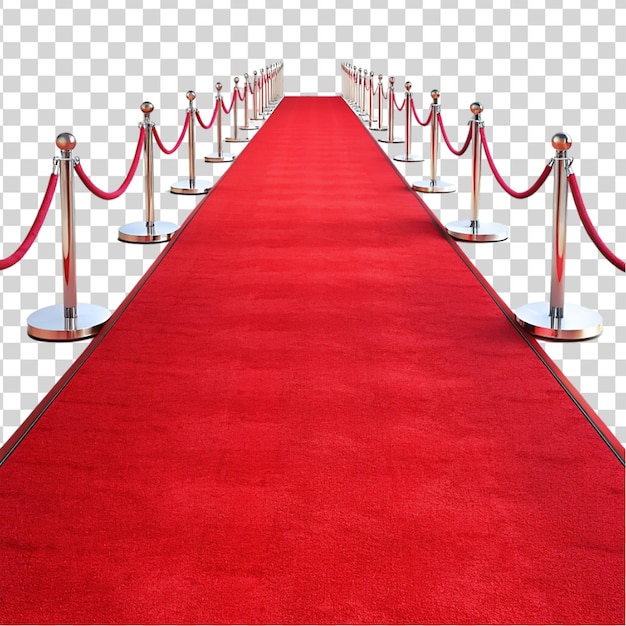 La alfombra roja y las barreras doradas aisladas sobre un fondo transparente