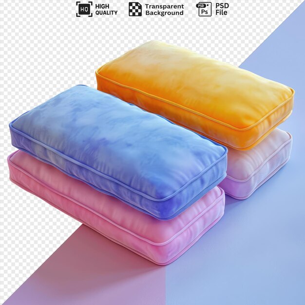 de alfombra transparente y fundas de almohada en una mesa azul contra una pared azul y rosa