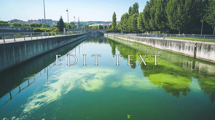 PSD las algas florecen en un canal de la ciudad, el agua verde, los bancos de hormigón, el puente en el fondo.