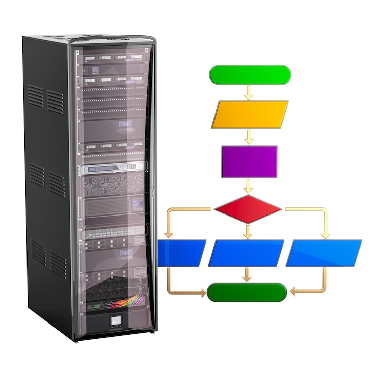 PSD algorithm with computer server rack concept 3d rendering isolated on transparent background