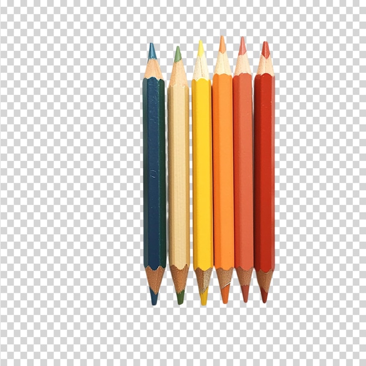 PSD algunos lápices de colores de diferentes colores y un afilador de lápices y virutas de lápiz aislados sobre un fondo transparente