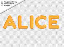 PSD alice typographie texte jaune verre brillant psd transparent