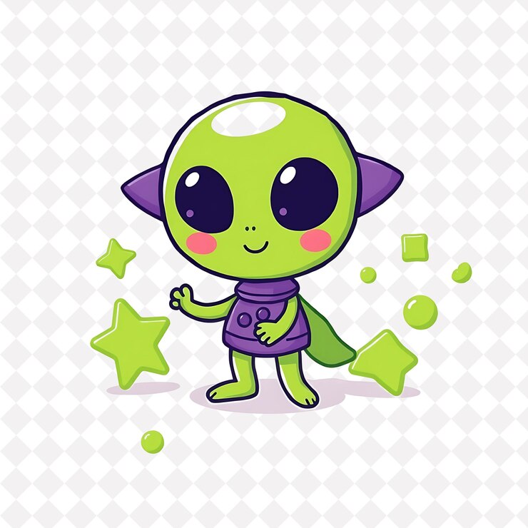 PSD alien amistoso con formas de naves espaciales colocadas al azar fuera de este mundo gr diseño de animales lindos