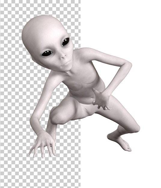 Alien gris sobre un fondo transparente en 3D