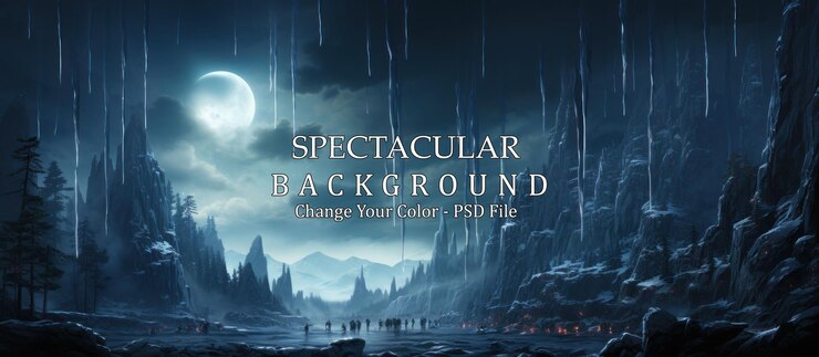 PSD alien landscape with ice and moon fantasy landscape with dark forest and frozen lake alien landscape with ice and moon