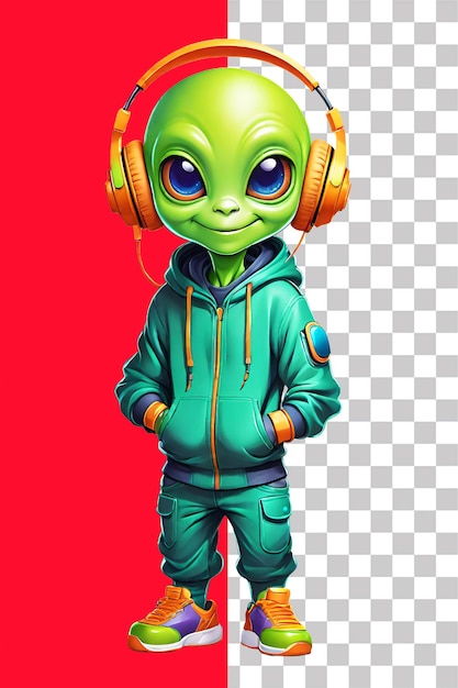 PSD alien verde de desenho animado com fones de ouvido isolados em ilustração de fundo transparente