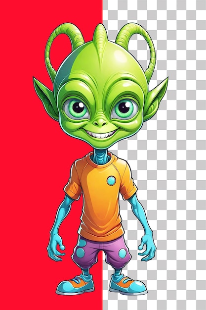 PSD alien verde de dibujos animados con auriculares aislados en una ilustración de fondo transparente