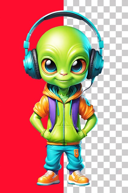 PSD alien verde de dibujos animados con auriculares aislados en una ilustración de fondo transparente