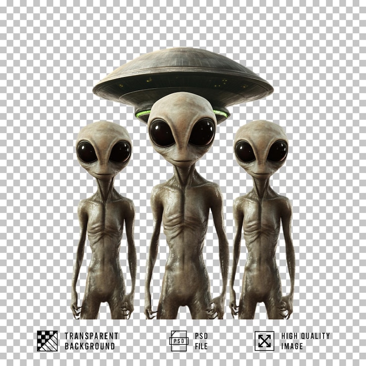 PSD alienígena com olhos grandes e ovni em fundo transparente