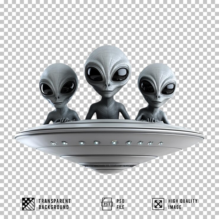 PSD alienígena com olhos grandes e ovni em fundo transparente