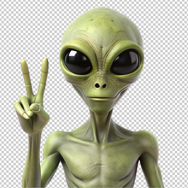 PSD alienígena mostrando el signo de la paz en un fondo transparente