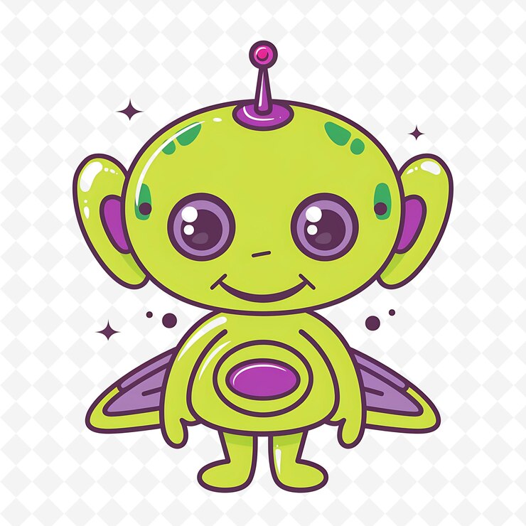 PSD un alienígena verde de dibujos animados con un sombrero púrpura en la cabeza