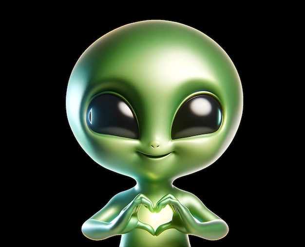 Un alienígena verde lindo en forma de corazón hecho con las manos.