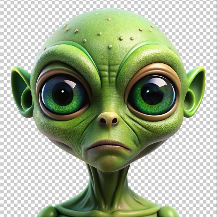 PSD el alienígena verde tiene ojos grandes y una nariz grande sobre un fondo blanco.