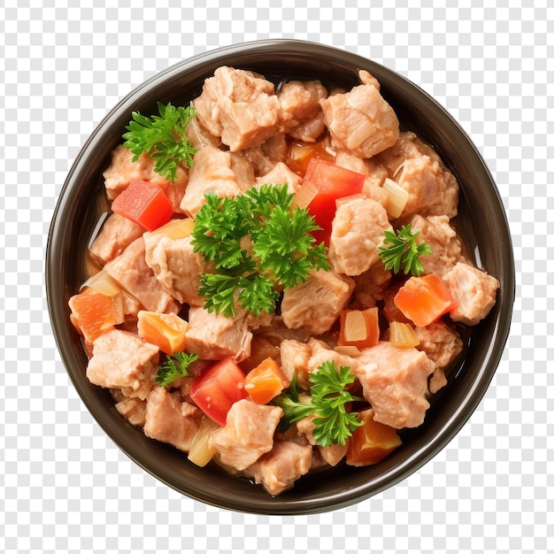 Alimento completo húmedo para perros adultos con carne y verduras aisladas en fondo transparente psd