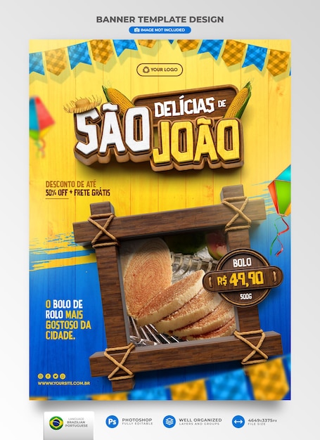 PSD alimentos de banner de saint jhon em renderização 3d portuguesa para campanha de marketing no brasil