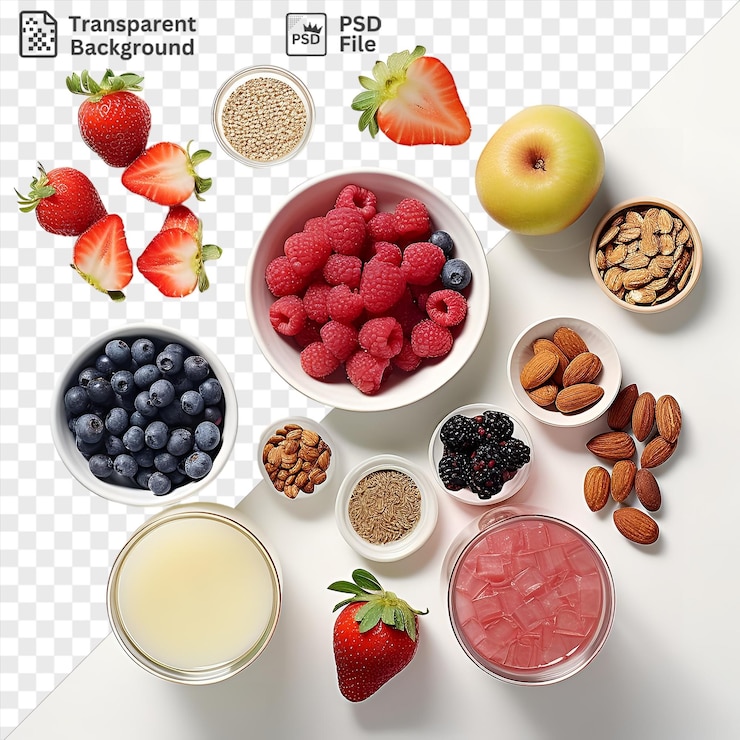 PSD alimentos para el desayuno de patatas dispuestos sobre un fondo transparente con fresas fresas y una variedad de cuencos en blanco, marrón y rojo