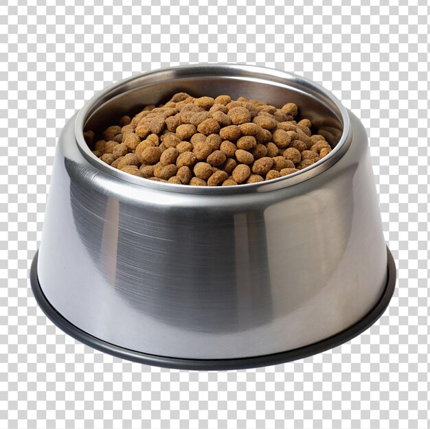 Alimentos para cães em tigela de metal isolados sobre um fundo transparente