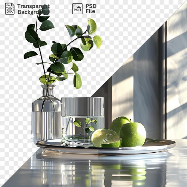 PSD des aliments mhanncha uniques exposés sur une table brillante accompagnés d'un vase en verre transparent et d'une plante verte sur un mur gris et blanc
