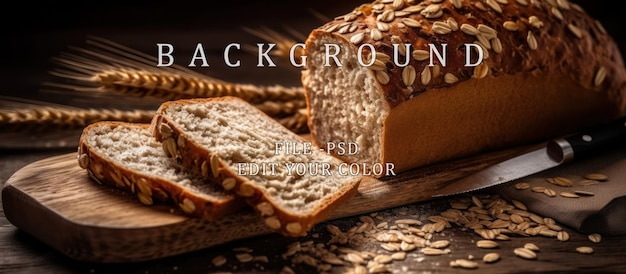 PSD des aliments sains, du pain tranché, du blé entier et des graines sur une table en bois rustique et du pain tranché soigneusement.