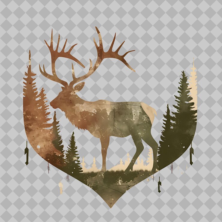 PSD all'interno di una silhouette di punta di freccia elk meadow situato in una seren png acquarello wild life collections