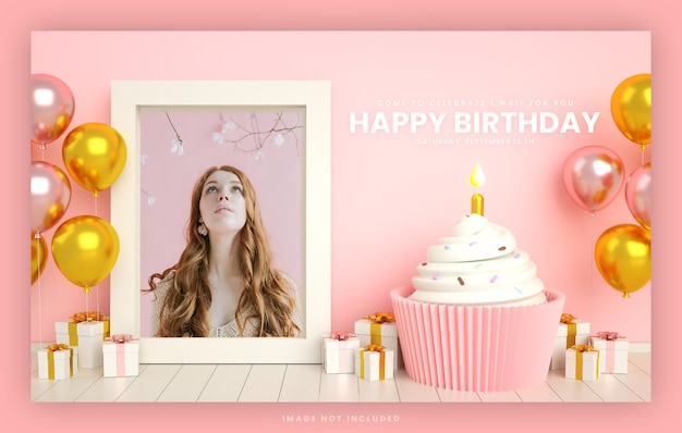 Alles Gute zum Geburtstag Banner Kuchen Einladungskarte für Mädchen Social Media Post Vorlage mit Mockup