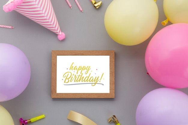 Alles Gute zum Geburtstag Hintergrund, flache Partydekoration mit Fotorahmen-Modellvorlage.
