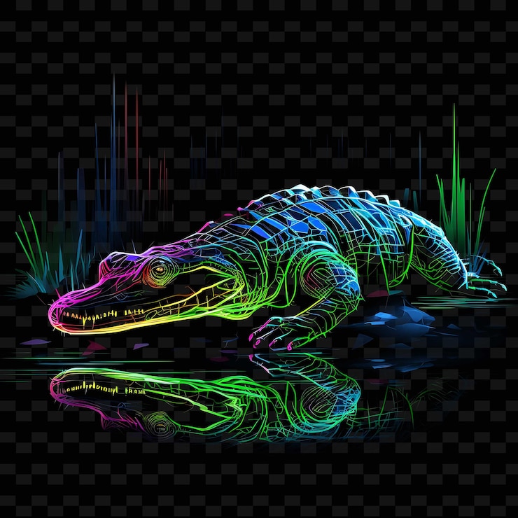 PSD alligator marshland mystery líneas angulares de neón moss jaws en png formas y2k artes de luz transparentes
