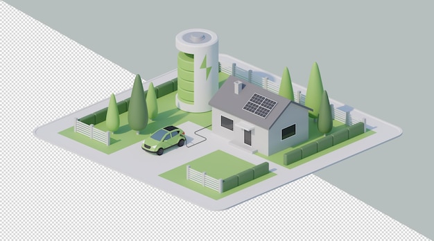 Alloggiamento 3D per fonti di energia rinnovabile con auto elettrica e pannelli solari isometrici
