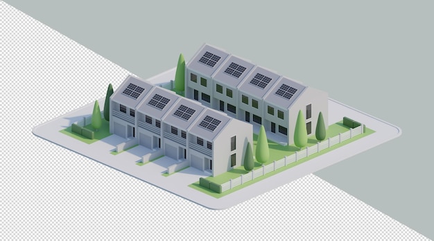 Alloggio multifamiliare isometrico 3d con pannelli solari isometrico