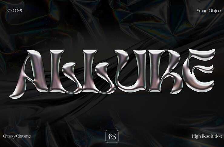 PSD allure 3d chrome effet de texte hyper-réaliste y2k