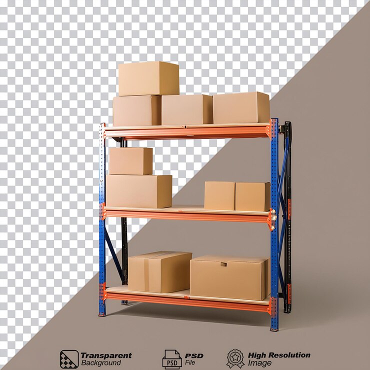 PSD almacén estantería de madera y cajas de cartón aisladas sobre un fondo transparente
