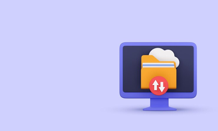 PSD almacenamiento en la nube con flecha arriba y abajo en monitor cloud computing 3d render