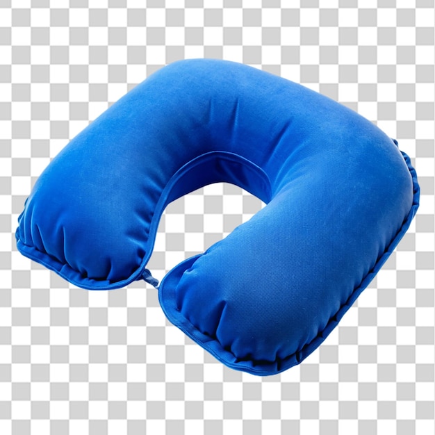 almohada azul inflable de viaje aislada sobre un fondo transparente