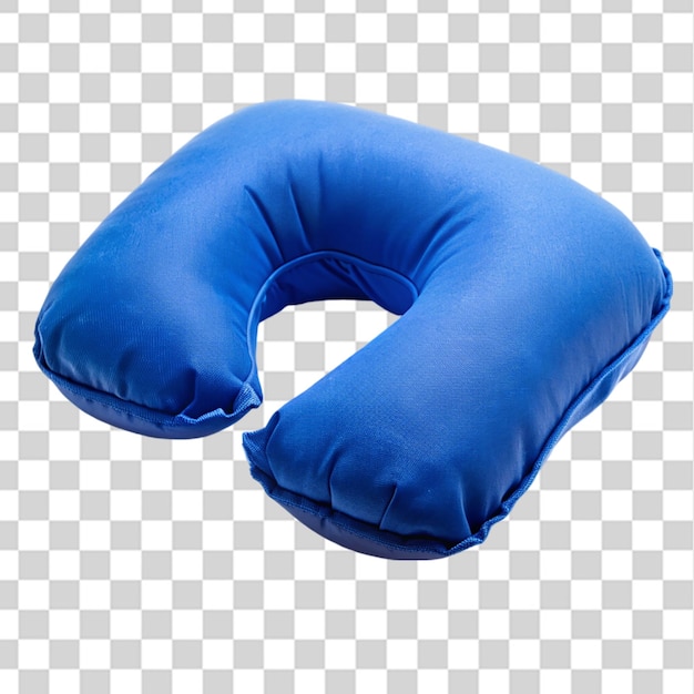 almohada azul inflable de viaje aislada sobre un fondo transparente