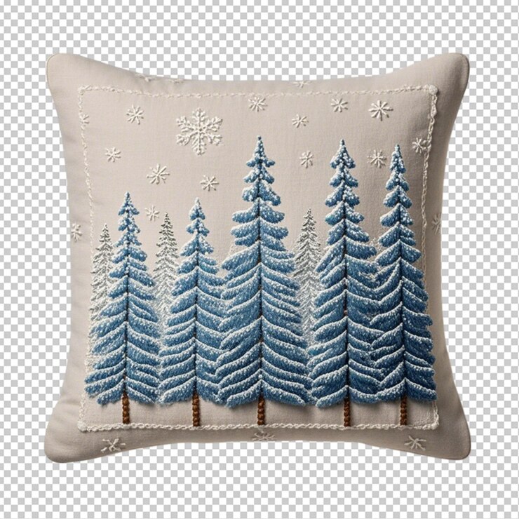 PSD almohada cuadrada acogedora con una escena de invierno serena con pinos cubiertos de nieve de fondo transparente